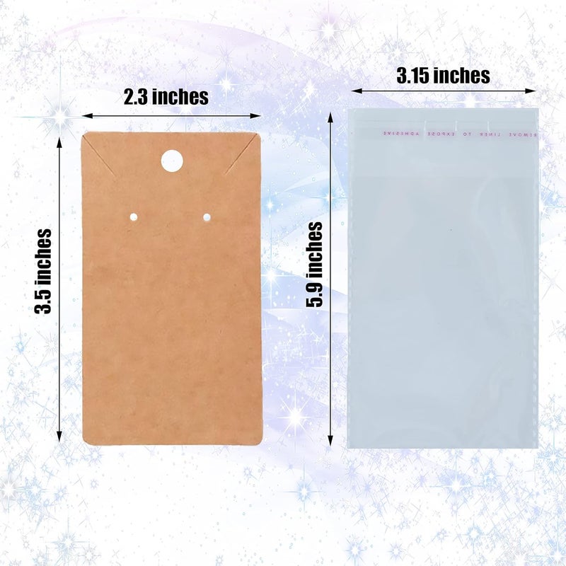 Twavang Brown Earring Display Cards with 100Pcs Earring Holder Cards, 200 Pcs Ear Backs and 100Pcs Jewelry Packaging Bags for Necklace Jewelry Display (3.5" x 2.3" Inches) - Image 2